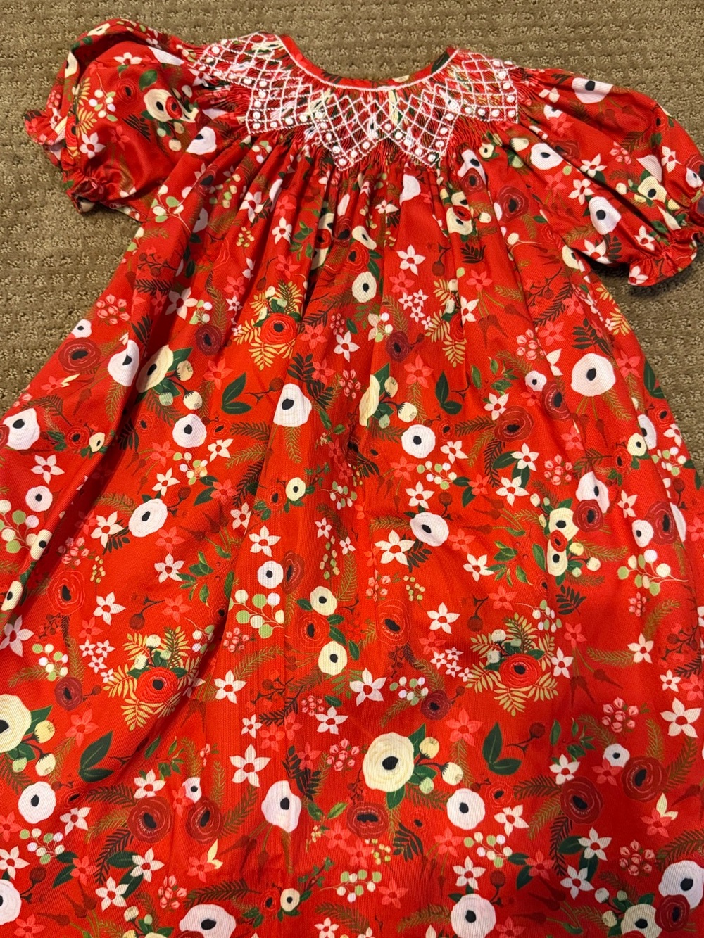 Red & White Peony Girls' Smocked Dress